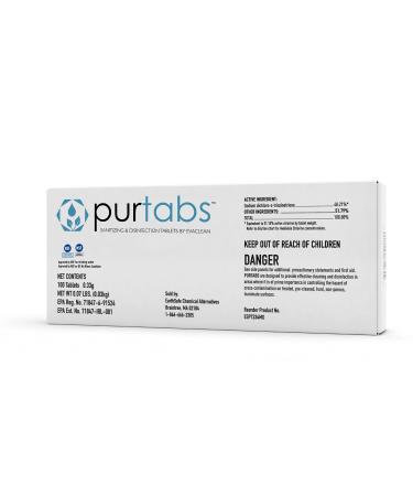 PurTabs 334g Water Purification Tabs Food-Surface Safe No Rinse Sanitizer | 1 Tab Per Qt/Tap Water for Sanitizer 1 Tab Per 6 Gal for Drinking Water Purification | NSF Approved | 100 Tabs/Pack
