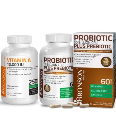 Bronson Probiotic 50 Billion CFU + Prebiotic with Apple Polyphenols & Pineapple Fruit Extract + Vitamin A 10 000 IU Premium Non-GMO Formula