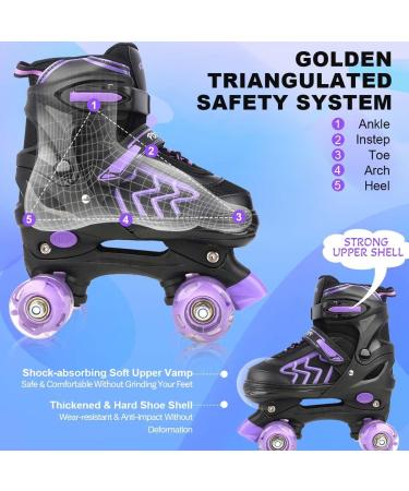 Adjustable Kids Roller Skates for Girls Ages 6-12 | Light-up Wheels | Black & Purple | Big Kid(1-4) - Buy Online on GoSupps.com