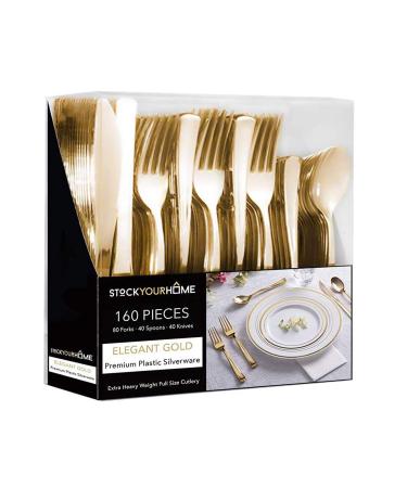 Gold Plastic Silverware Set (160 Bulk Pack) Disposable Cutlery Utensils, 80 Gold Forks, 40 Gold Knives, 40 Gold Spoons, Heavy Duty Flatware For Holidays, Parties, Dinners, Weddings, and Occasions 160 Count Gold