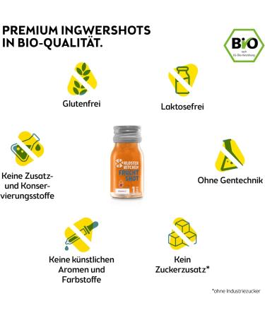 Kloster Kitchen Pack of 7 Organic Ginger Shots - 30ml - With real pieces of ginger - Vegan in a convenient glass bottle - Fruity and sweet with no additives and a touch of sweetness - Buy Online on GoSupps.com