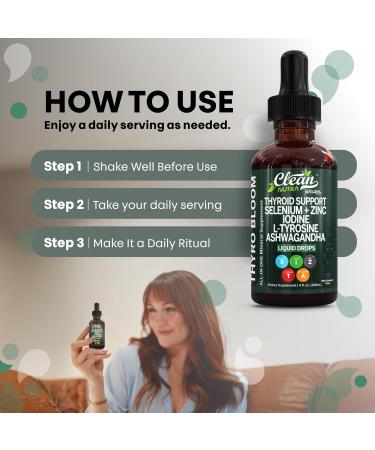 Clean Nutra Thyroid Support Drops Selenium Zinc Iodine L Tyrosine KSM66 Ashwagandha Vitamin D3 B12 A C Turmeric Kelp Schisandra Guggul Cayenne Basil Liquid Supplement Folate Copper Thyro Bloom Drop Wild Berry - Buy Online on GoSupps.com