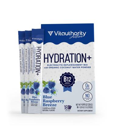 Hydration Electrolyte Powder Packets Blend Magnesium Calcium Sodium Potassium | Coconut Water + Vitamin C & B12 | Sugar-Free Vegan Non-GMO Energy & Immune Support 18 Servings Blue Raspberry Flavor