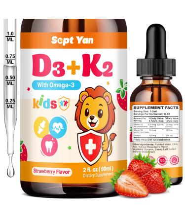 Kids Vitamin D3 K2 Drops - K2 D3 Vitamin Supplement 1000 IU with Omega 3, Support Bone, Mood, Teeth & Immune - Vitamin D3 K2 (MK-7) Liquid Drops for Adults & Kids, Sugar Free Strawberry Flavor 2 FL OZ Strawberry 2 Fl Oz (Pa