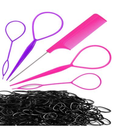 1000Pack Black Elastic Hair Ties Luumxai 4pcs Topsy Tail Hair Tools French Braid Tool Loop Mini Elastic Hair Rubber Bands 1pcs Metal Pin Rat Tail Comb for Woman Girls Hair Styling