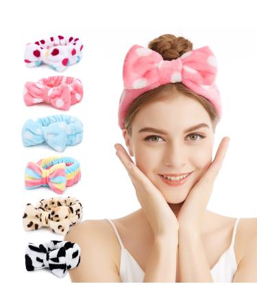 LADES Spa Headband 6 Pack Bow Hair Band Women Facial Makeup Head Band Soft Coral Fleece Head Wraps For Shower Washing Face Multi-colored A