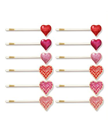 Boderier 12 Pack Valentine's Day Heart Bobby Pins Red Enamel Rhinestone Heart Hairpin Hair Slide Barrettes Styling Hair Accessories Gifts for Women Girls (Red Fuchsia Pink)