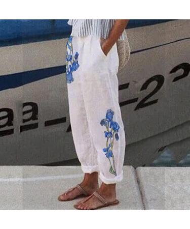 Linen Crop Loose Fit Cotton Capri Pants for Women | High Rise Wide Leg Capris Blue X-Large - Buy Online on GoSupps.com