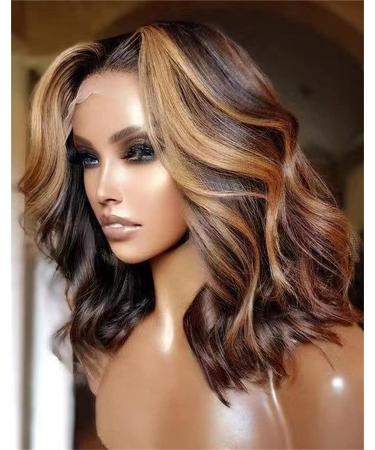 Short Ombre Wigs for Women - 16 Synthetic Lace Front with BrownBlonde Highlights | 180% Density Balayage Hair - Buy Online on GoSupps.com