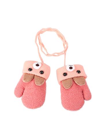 Ruixia Kids Winter Knitted Gloves Cute Cartoon Bear Hang Neck Mittens Newborn Baby Warm Mitten Thicken Cashmere with Rope Mitten Thermal Full Finger Wrist Glove Boy Girl 0-3Y Gift Deep Pink