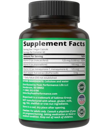 Peak Performance Advanced Vitamin D 5000 IU with Vitamin K 60 Veggie Pills - D3, K1, K2 (MK-4 & MK-7) Supplement - Buy Online on GoSupps.com