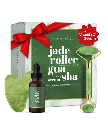 Jade Roller & Gua Sha Stein with vitamin C serum - Premium Jade Stein Set for facial massage - massage roller against dark circles & folds - gift set - Face massage device for men & women - Buy Online on GoSupps.com