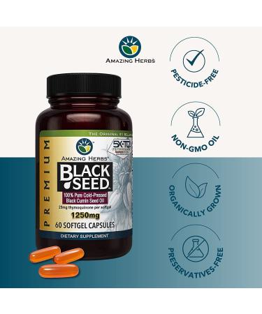 Amazing Herbs Premium Black Seed Oil Capsules - 60 Count 1250mg - Pack of 3 | Cold Pressed Nigella Sativa for Digestive Health, Immune Support & Brain Function - Buy Online on GoSupps.com