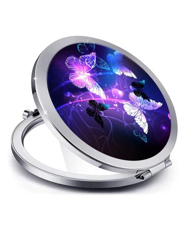 LONNAONE Compact Mirror for Women Round Mini Pocket Travel Makeup Mirror Pretty Portable Folding Small Pocket Mirror for Handbag Purse Double Sided Handheld Pocket Mirror(Silver Purple Butterfly)