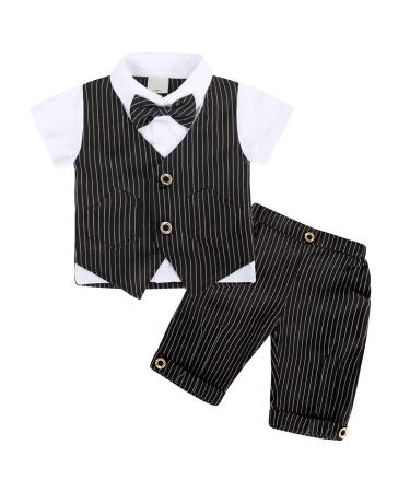 AmzBarley Baby Boys Gentlemans Outfit Suit Kids Long/Short Sleeve Dress Shirt Pants Vest Bowtie Tuxedo Rompers Childs Birthday Evening Holiday Party Black 1-2 Years