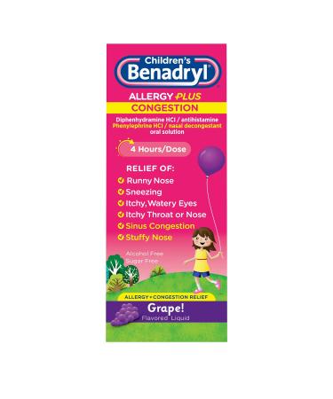 Benadryl Children's Allergy Plus Congestion Liquid Medicine Grape 4 fl. oz