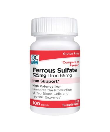 Quality Choice Iron 65 mg (325 mg Ferrous Sulfate) High Potency Iron Support Supplement Tablets in 100 Count Bottles