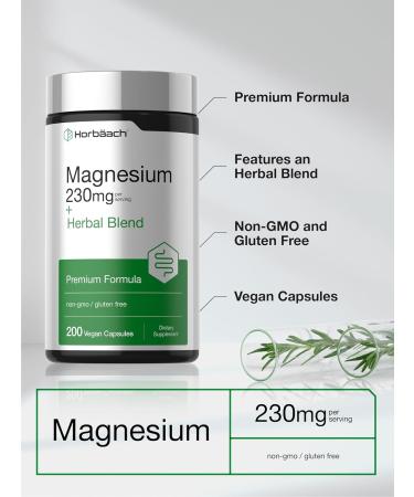 Horbaach Magnesium 230 mg | Plus Herbal Blend | 200 Vegan Capsules | Non-GMO and Gluten Free Supplement - Buy Online on GoSupps.com