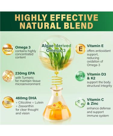 Omega-3 Supplement Gummies for Women & Men - 1000mg Vegan Omega3 DHA & EPA with Turmeric, Vitamin D3, K2, Citicoline for Overall Health - Algae Oil Omega 3 Fatty Acid Supplements, Sugar-Free Mango 60 Count (Pack of 2) - Buy Online on GoSupps.com