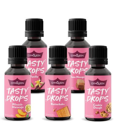 GymQueen Tasty Drops 5x30ml calorie-free sugar-free and fat-free flavour drops aroma drops for sweetening foods flavour drops without artificial colours top seller 4 top seller 4 30 ml (pack of 5)