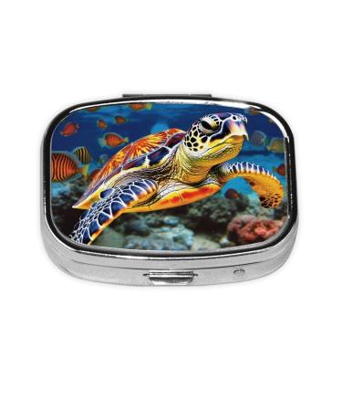 Colorful Sea Turtle Printing 2 Compartment Small Pill Case Cute Small Pill Box Purse Pill Boxs Travel Pill Organizer for Pocket Purse and Travel Gifts