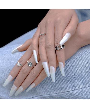Sethexy Glossy Ballerina Long Press-On Nails - Sparkle White Acrylic Fashion Tips - 24 Complete Coverage Nail Set for Women & Girls - Buy Online on GoSupps.com
