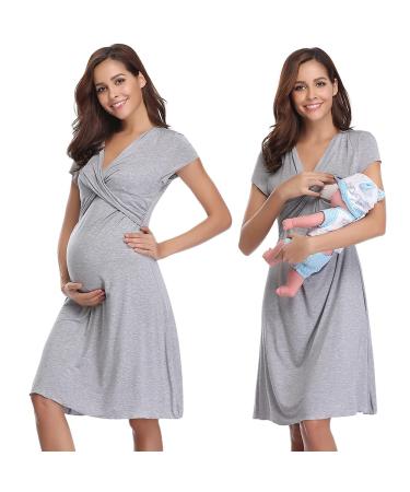 Irdcomps Women s Breastfeeding Nightdress Maternity Nightshirt Nursing Nightgown Soft V Neck Pajama Loungewear Tops Dress for Pregnant Casual Grey M