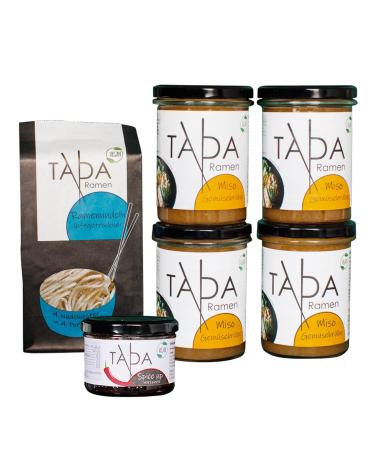 Tada miso ramen set vegan with sharp seasoning paste - 4x 350ml traditional spicy ramen broth - including 250g ramen noodles & 150g spice up wort paste with spice up wortpage