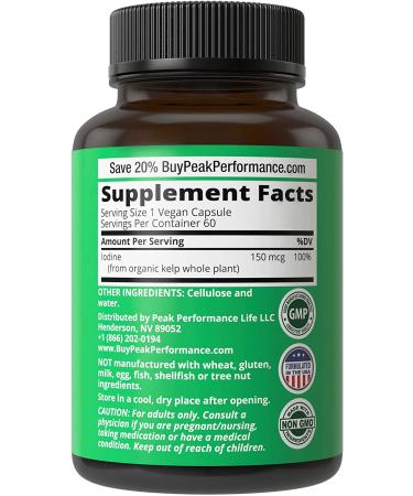 Peak Performance Raw Whole Food Iodine from Kelp (Ascophyllum Nodosum) - Thyroid Support Supplement with Iodide Potassium for Metabolism, Energy, and Immune Boost - 60 Vegan Capsules - Buy Online on GoSupps.com
