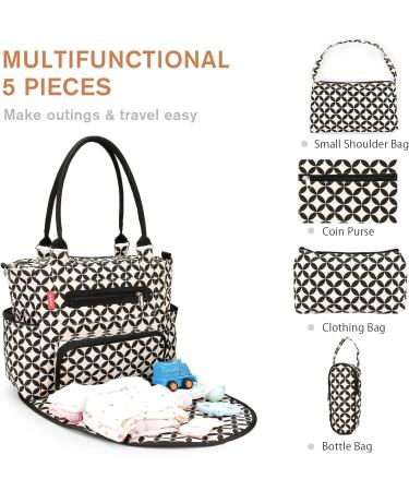 SONARIN 7pcs Multifunction Nappy Changing Bag Set - Black & White | Mummy Tote Bag with Bottle Bag, Changing Mat, Stroller Straps - Travel Diaper Bag - Buy Online on GoSupps.com