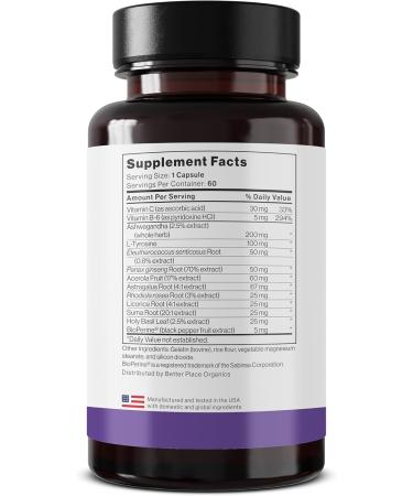 Better Place Supplements Adrenal Health & Support - 60 Capsules | Non-GMO Formula with L-Tyrosine & 200mg Ashwagandha | Supports Energy Focus Fatigue Relief (1) - Buy Online on GoSupps.com