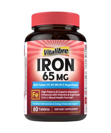 Iron Supplement for Women & Men, 65 mg, Ferrous Sulfate, Vitamin C, D3, B6, B12, Folate, Beet Root, Spinach, Pumpkin Seeds, Nettle, for Red Blood Cell & Energy Production, 60 Tablets 60 Count (Pack of 1)