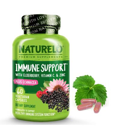 NATURELO Immune Support  Vitamin C, Elderberry, Zinc, Echinacea  Natural Immunity Boost w/ Antioxidant, Herbal & Mineral Defense - 60 Vegan Capsules Immune Support 60 Count (Pack of 1)