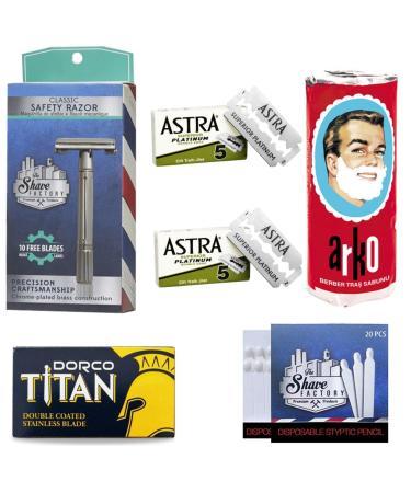 Premium Traditional Shaving Set with The Shave Factory Classic Safety Razor Arko Shaving Soap 10 Astra Double Edge Razor Blades with Bonus 10 DORCO Double Edge Razor Blades and 20 Styptic Matches