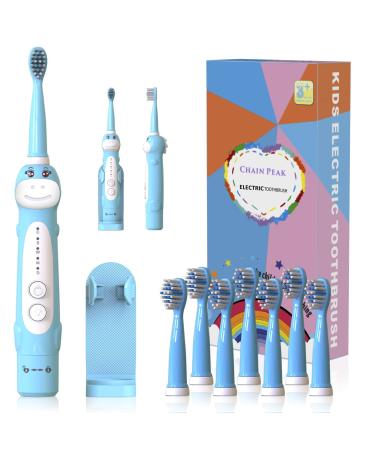 CHAIN PEAK Dinosaur Toothbrush Kids Sonic Electric Toothbrush for Children Toddlers Boys Girls Age 3-12 with 30s Reminder 2 Mins Timer 5 Modes 8 Brush Heads Rechargeable Wall-Mounted Holder 8680 Blue+ 8 Heads+ Holder