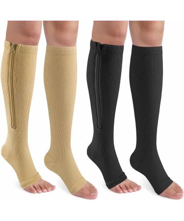 CASMON 2 Pairs Zipper Compression Socks for Women & Men 15-20 mmHg Open Toe Knee High Support Socks for Varicose Vein Edema Large-X-Large Black+beige