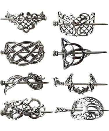 GXXMEI 8PCS Viking Celtic Hair Clips Celtic Knot Hair Stick Hairpin Retro Silver Hair Clips Vintage Metal Hair Barrette Viking Jewelry Hair Clip Minimalist Hair Accessories for Women and Girls