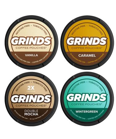 Grinds Coffee Pouches - Wintergreen, Caramel, Double Mocha & Vanilla | Tobacco & Nicotine Free | Healthy Alternative - 1 Pouch = 1/4 Cup of Coffee - Buy Online on GoSupps.com