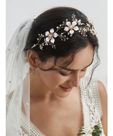 SWEETV Gold Wedding Headband - Pearl Flower Bridal Hairpiece for Women - Crystal Hair Vine Accessory - Buy Online on GoSupps.com