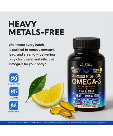 Omega 3 Fish Oil 3600 mg - Omega 3 Supplement | EPA & DHA - Heavy Metals Free - Heart Brain & Joint Support - Purified Fish Oil for Men & Women - Lemon Flavored - Made in USA 90 Softgels - Buy Online on GoSupps.com