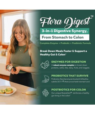 Flora Digest - 3-in-1 Max Strength Digestive Enzymes + Gut Surviving Probiotics & ButyraGen Postbiotic for Optimal Digestion Bloating Relief Regularity Gut Lining & Colon Support - (30 Capsules) 30 Count (Pack of 1) - Buy Online on GoSupps.com
