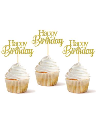 Pack of 28 Glitter Happy Birthday Cupcake Toppers Birthday Cupcake Food Picks for Birthday Celebrating Party Cake Decorations Supplies Gold