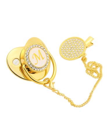 Golden baby pacifier A to Z 26 letters personalized curved design safe materials healthy bling baby pacifier with clips for babies aged 6 to (letter m)