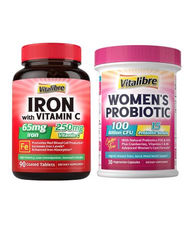 Vitalibre Probiotics for Women 100 Billion CFU 15 Strains & Iron Supplement 65mg with Vitamin C 90 Tablets