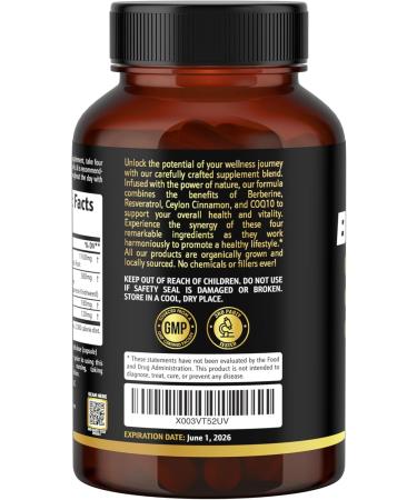 Earth Elixir 4-in-1 Berberine Supplement Organic Berberine with Ceylon Cinnamon CoQ10 Ubiquinol and Resveratrol Powder Metabolic & Cellular Energy Support 180 Vegan Capsules - Buy Online on GoSupps.com
