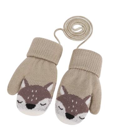 Baby Toddler Cute Fox Winter Warm Knitted Magic Mittens Gloves with Furry Lining Hanging On Neck Mittens for Girls Boys Age 1-3Years Light Brown