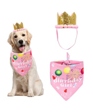 ADOGGYGO Dog Birthday Bandana Hat Set Dog Puppy Birthday Party Supply Dog Bandana Boy Girl Puppy Birthday Hat Scarf for Small Medium Dog Pet (Pink Scarf & Crown)