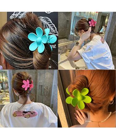 3Pcs Large Flower Hair Claw Clips Set - Floral Matte Barrettes for Women Medium Thick Hair, Holiday Cute Jaw Clip in Lake Blue, Rose Red, Grass Green - Buy Online on GoSupps.com