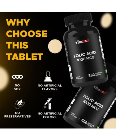 Vitabod Folic Acid 1 mg (1000 mcg) (Vitamin B9) - 500 Vegetarian Tablets - an Essential Prenatal and Postnatal Vitamin - Buy Online on GoSupps.com