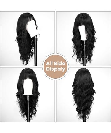 EMMOR Black Wavy Long Curly Wig with Bangs - Heat Resistant Synthetic Fiber, Natural Look - Buy Online on GoSupps.com